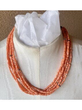 6 Strand Angel Skin Coral Necklace SS &  Gemstone Spacers SS Cones Santa Domingo